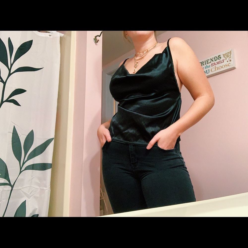 Black satin cowl neck cropped tank top.